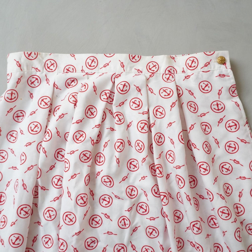 Vintage Anchor Print Midi Skirt Medium Womens White Red Pleated Coastal - Picture 3 of 7